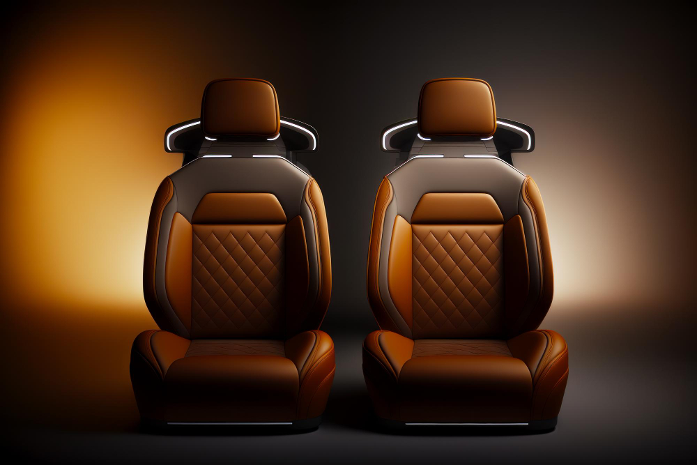 pair brown leather seats sitting each other dark background generative ai